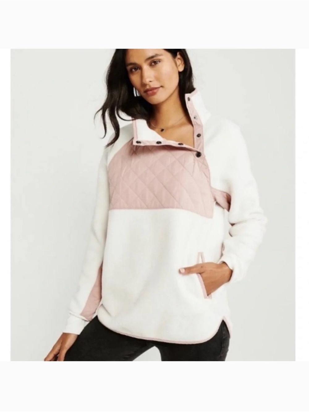Abercrombie & Fitch White and Blush Quilted Snap-Front Pullover